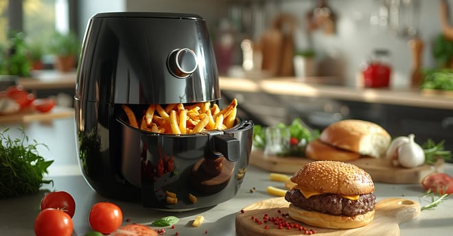 Freidora de aceite color negro con papas fritas y una hamburgesa
