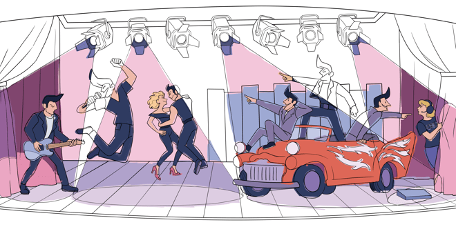 a cartoon style illustration of a man and woman dancing on a stage