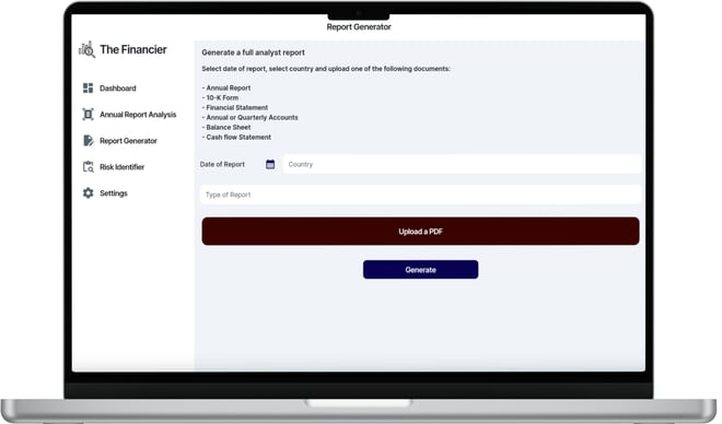 analyst report generator feature of the financier web app displayed on a laptop screen