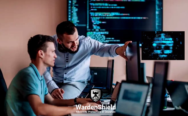 two men sitting at a desk with a computer monitor and a laptop