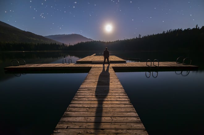 a person standing on a dock with a full moon