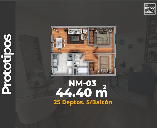 LASU Características Depto.  Plano con 2 recamaras, sala comedor, baño y cocina. 44 m2