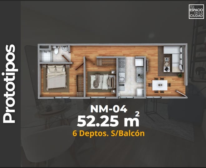 LASU Características Depto.  Plano con 2 recamaras, sala comedor, baño y cocina. 52 m2