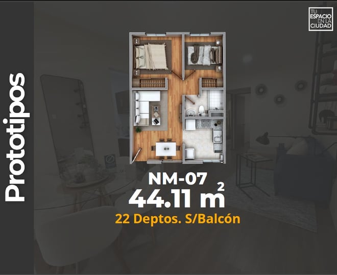 LASU Características Depto.  Plano con 2 recamaras, sala comedor, baño y cocina. 44 m2