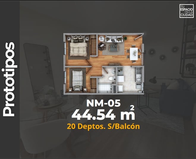 LASU Características Depto.  Plano con 2 recamaras, sala comedor, baño y cocina. 44 m2