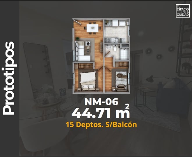 LASU Características Depto.  Plano con 2 recamaras, sala comedor, baño y cocina. 44 m2