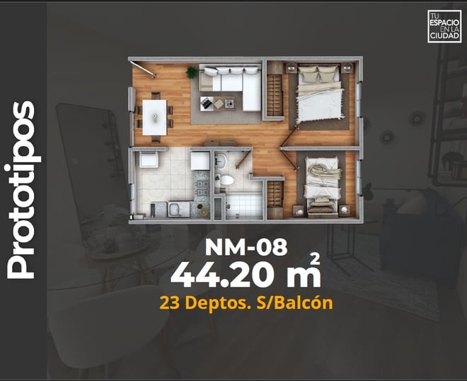 LASU Características Depto.  Plano con 2 recamaras, sala comedor, baño y cocina. 44 m2