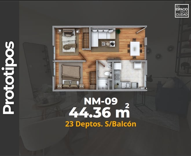 LASU Características Depto.  Plano con 2 recamaras, sala comedor, baño y cocina. 44 m2
