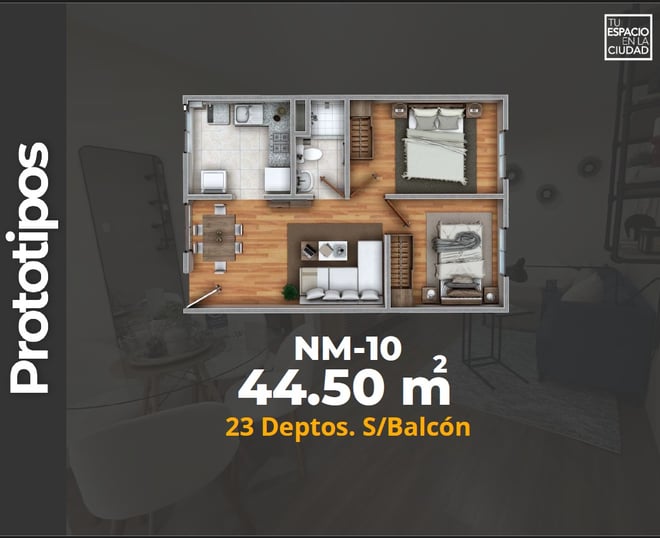 LASU Características Depto.  Plano con 2 recamaras, sala comedor, baño y cocina. 44 m2