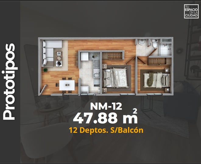 LASU Características Depto.  Plano con 2 recamaras, sala comedor, baño y cocina. 47 m2
