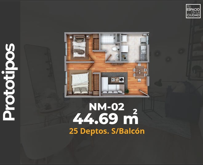 LASU Características Depto.  Plano con 2 recamaras, sala comedor, baño y cocina. 44 m2