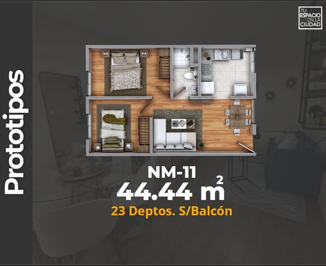 LASU Características Depto.  Plano con 2 recamaras, sala comedor, baño y cocina. 44 m2