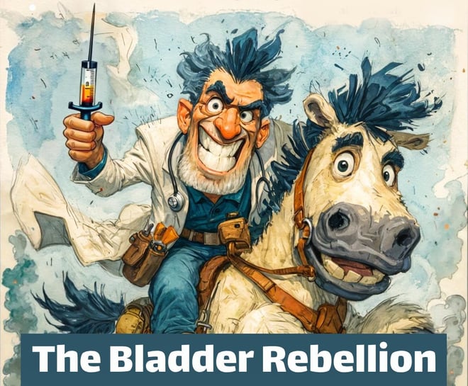 A cartoon image of a doctor on a shire horse holding a syringe like a sword