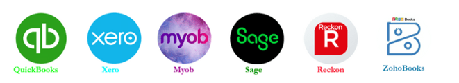 Accounting software logos: QuickBooks, Xero, Myob, Sage, Reckon, ZohoBooks.