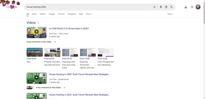A screenshot of a search for house hacking 2025, showing the importance of video optimization