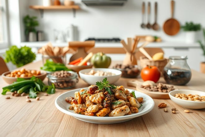 a table with bowls of food and a bowl of nuts
