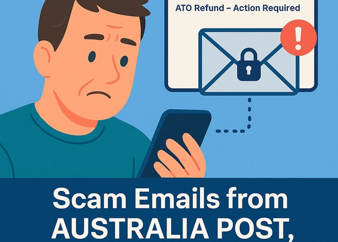 A realistic scam email from a fake ATO sender displayed on a smartphone screen, mimicking official c