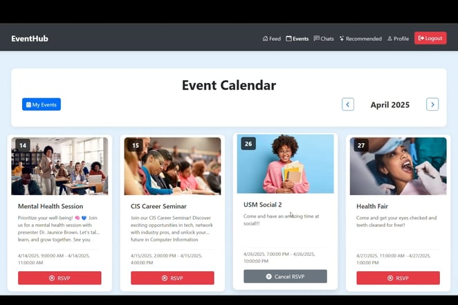 image of events tab on the eventhub web application