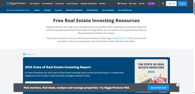 Screenshot of BiggerPockets free real estate investing resources page
