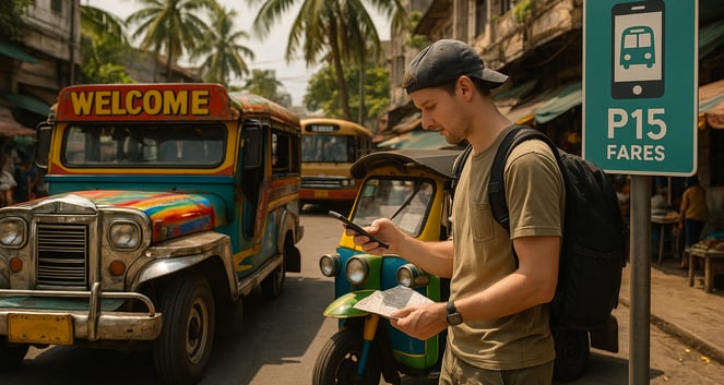Traveler navigating a busy tropical city using local transport options like a jeepney and bus, highlighting budget-friendly t