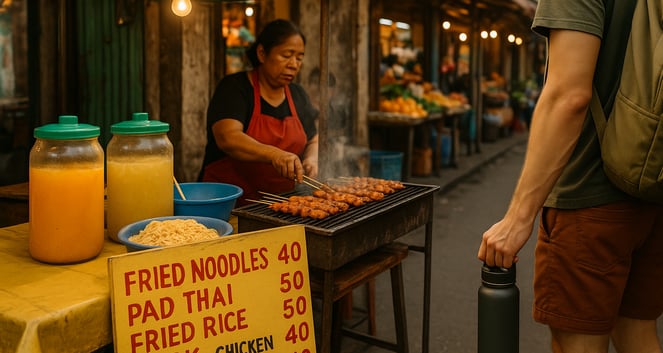 Colorful street food stall with sizzling local dishes and handwritten prices, showing affordable and authentic food options f