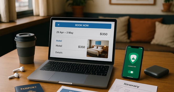 Flat lay of a traveler's laptop showing a booking site, with a smartphone, passport, and travel gear arranged on a table—high