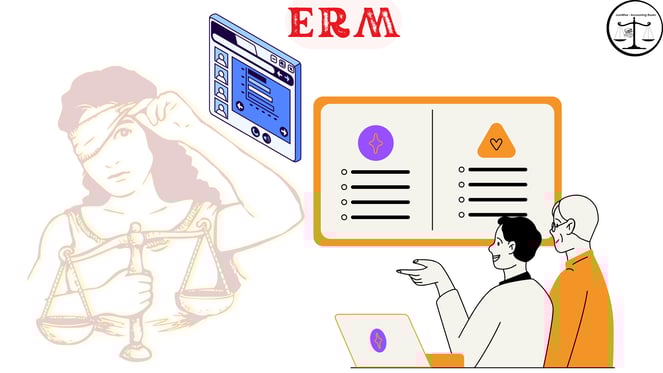 "Woman with scales, computer screen, and two men discussing."