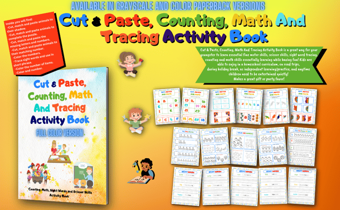 This is a counting, math, tracing, scissor skills and more activity book for kids ages 4-8.