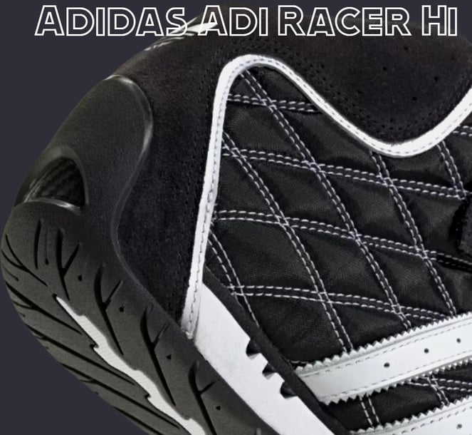 a close up of a pair of shoes with a black and white background Adidas Adi Racer Hi