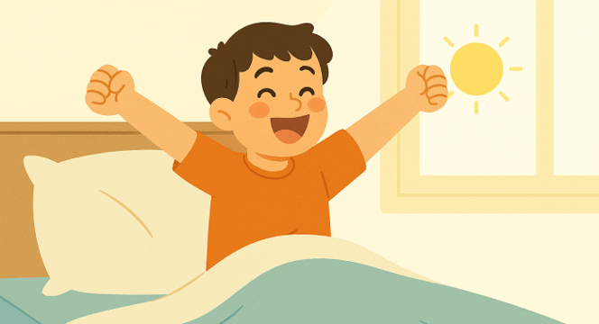 Un enfant souriant dans sa chambre lumineuse, fier de n’avoir pas mouillé son lit pendant la nuit.