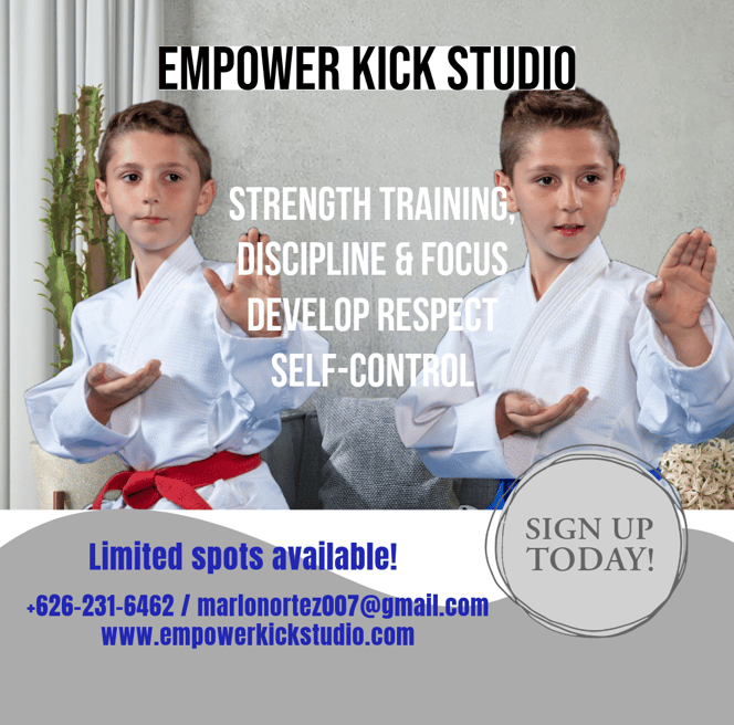 a boy in a karate outfit with a sign that says strength training