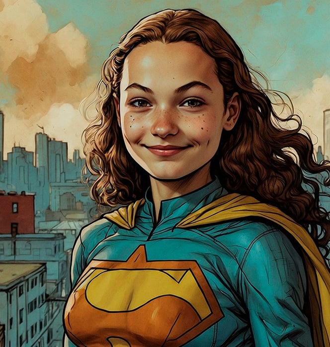 Portrait photo transformed into a girl in a superman suit with a superman costume