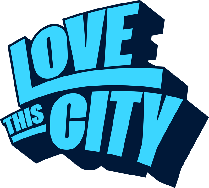 a blue and white love this city logo