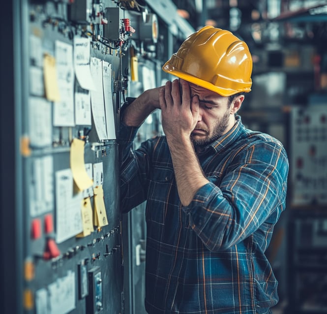 a technician looking frustrated next to a messy maintenance office with sticky notes