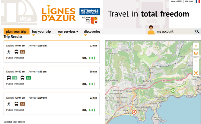 Lignes d'Azur website trip planning for traveling by bus around Nice France 