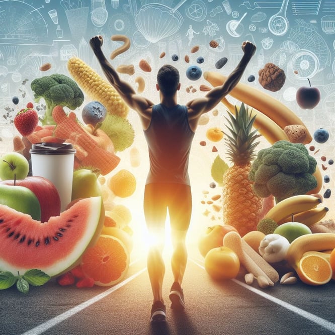 a man standing in front of a bunch of fruits and vegetables