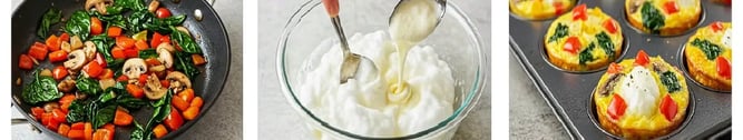 Making egg white and veggie breakfast cups: sautéing veggies, whisking egg whites, and baking the cups.