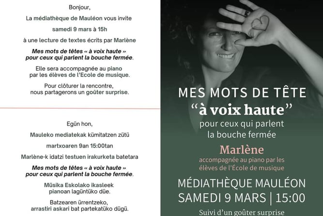 Affiche présentant la lecture des textes de Marlène