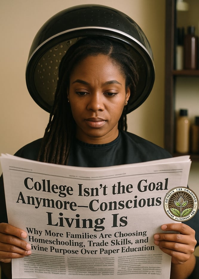 A so-called Black Indigenous woman with long locs sits under a salon hair dryer, calmly reading a newspaper with the headline