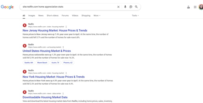 researching data for blog writing - redfin home appreciation stats example
