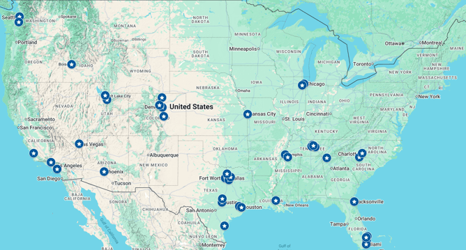 Photo of a US map showing locations I am familiar with for boots onthe ground locating