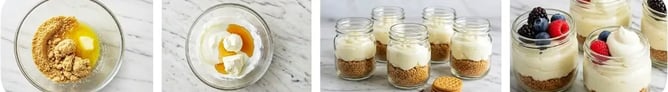 The image shows the steps of making No-Bake Greek Yogurt Cheesecake Jars, from mixing the crust to topping with berries.