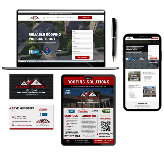 roofing company web design and marketing materials layout