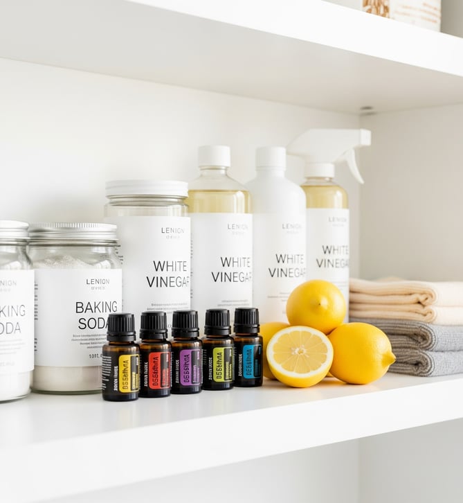 Estantería minimalista con botellas de vinagre blanco, frascos de bicarbonato, aceites esenciales,