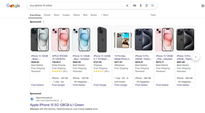 Google search results for 'buy iPhone 15 online' with sponsored product listings and prices.