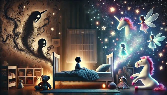 Illustration panoramique montrant le passage symbolique d’un enfant anxieux à un enfant serein grâce à un rituel du soir.