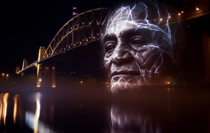 water mist screen hologram telling stories on Brisbane river, projection mapping