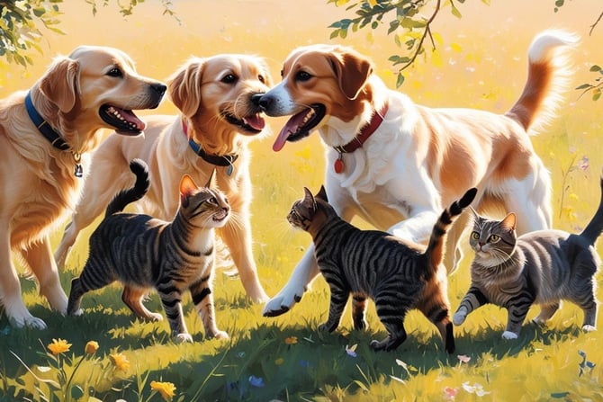 a group of cats and dogs playing in the grass