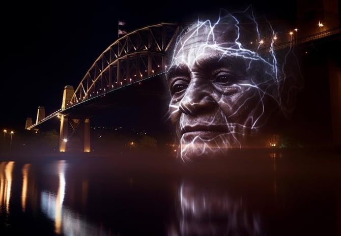 water mist screen hologram telling stories on Brisbane river, projection mapping