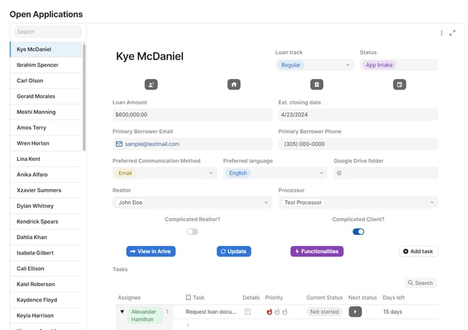 Screenshot showing anonymized loan details in loan workflow system